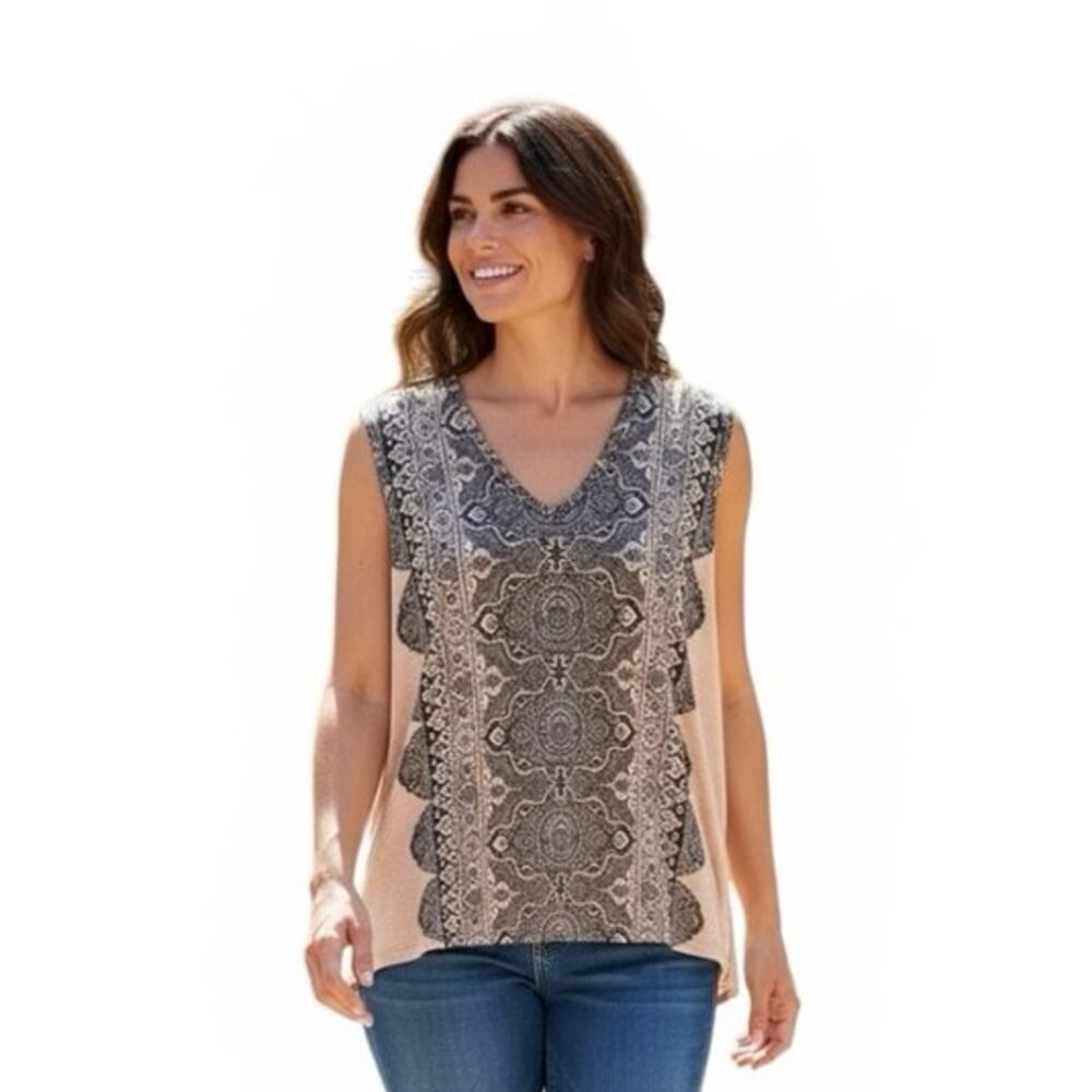 Rose & Olive Top Nude/Gray Artsy Studded Scoop Neck Office Going Out Womens LRG